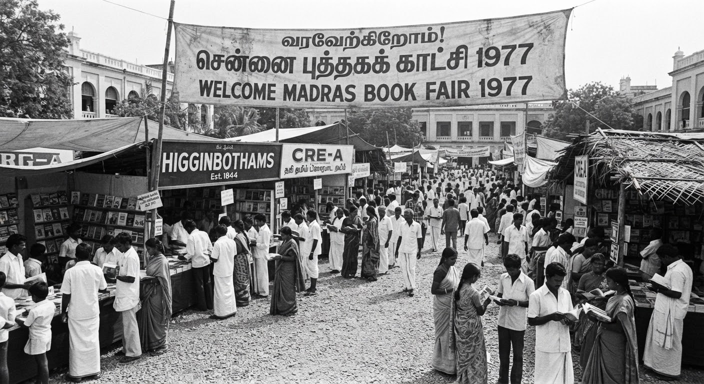 Black and white archival photograph from December 1977 showing the first Madras Book Fair at Madrasa-i-Azam school grounds
