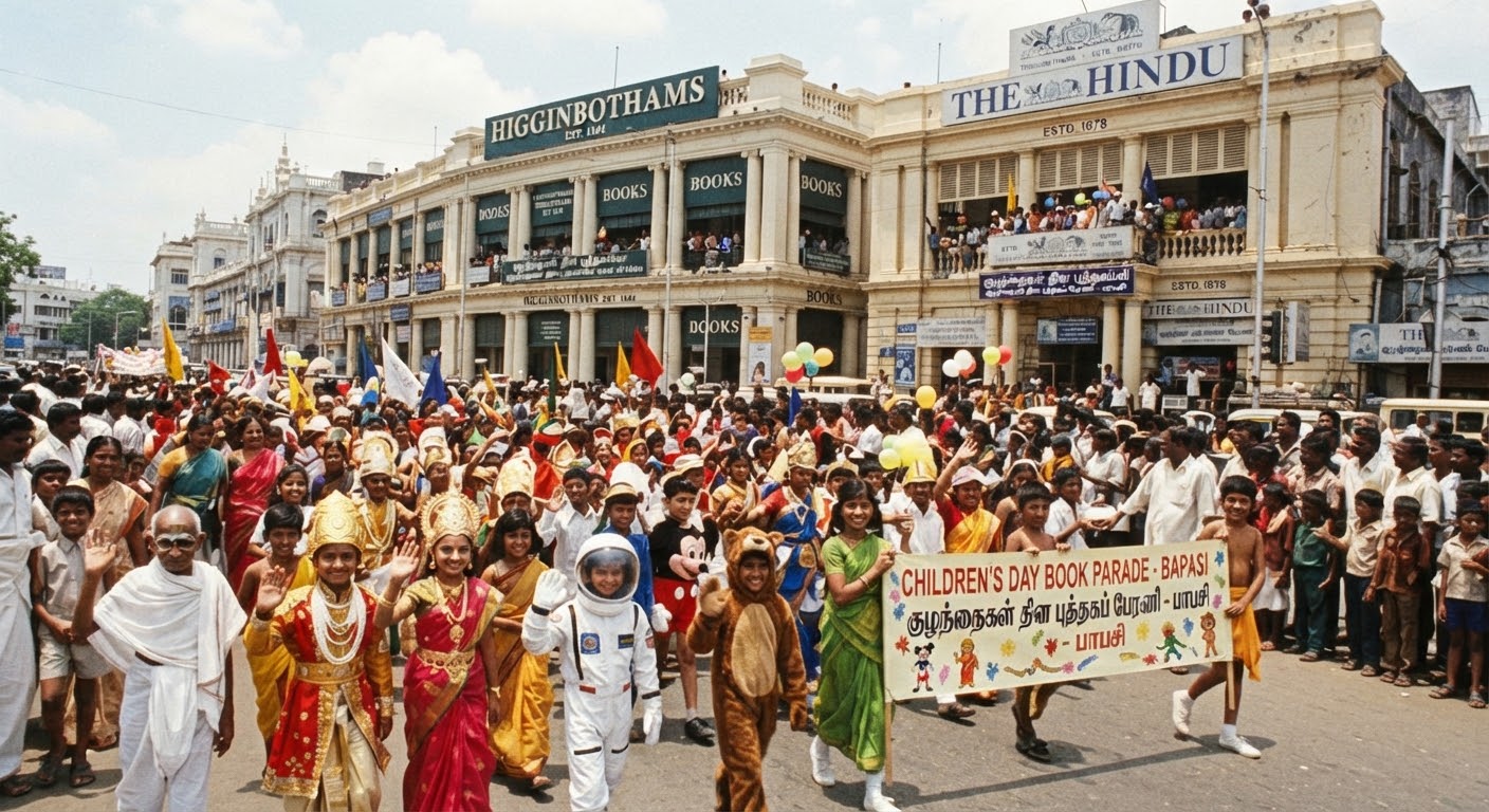 Vintage 1980s photograph of school children dressed in storybook costumes marching in a book fair awareness parade on Chennai Mount Road
