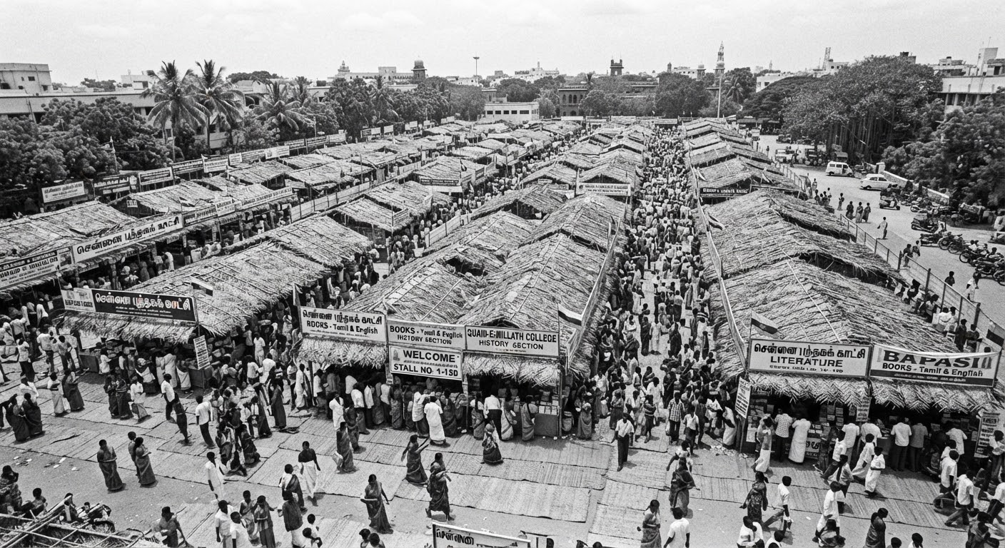 Historical aerial photograph of Madras Book Fair at Quaid-e-Millath College grounds with thatched book stalls and large crowds